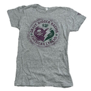 Grave Digger fitted tee. Medium grey, purple, green. Cotton. Monster Jam